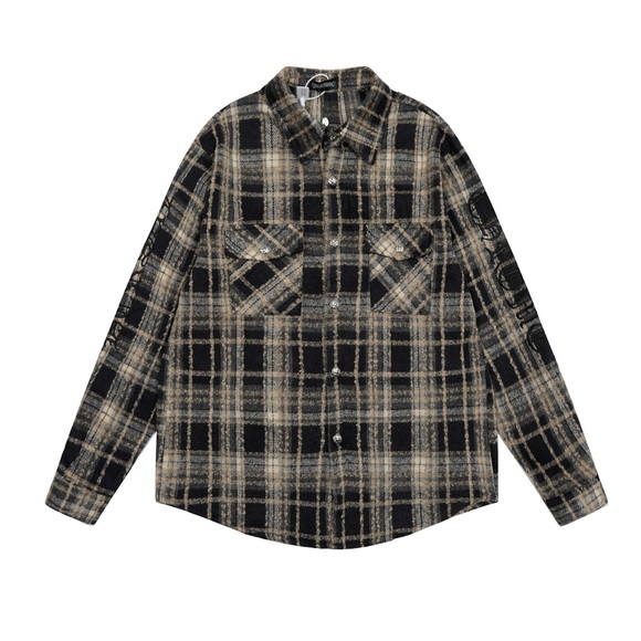 Chrome Hearts Black and Tan Plaid Casual Button Down Shirt - Picture 1 of 9